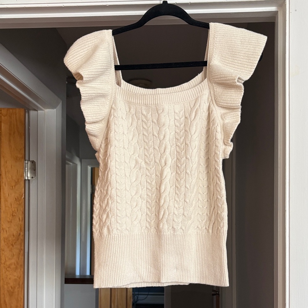 a new day Cream Ruffled Sleeve Cable Knit Sweater